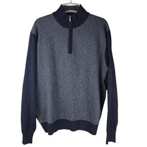 Neiman Marcus Navy &‎ Gray Herringbone 1/4 Zip Merino Wool Blend Sweater Mens L